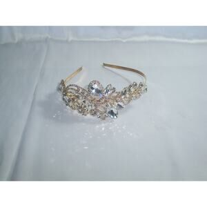 Gold asymmetrical head piece tiara, floral bridal wedding rhinestone head piece